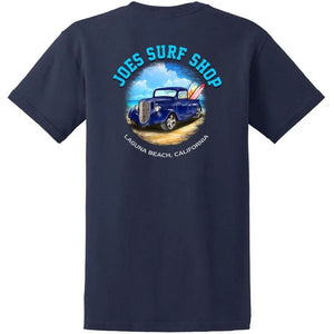 This is the back of the navy Joe's Surf Shop Surf Truck Youth Graphic Tee.