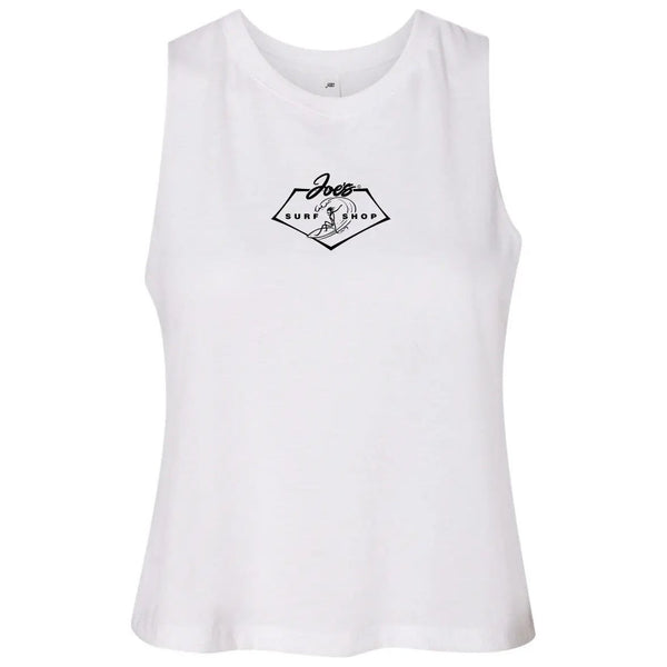 This is the front of the white Joe's Surf Shop Surfing 101 Racerback Crop Tee.