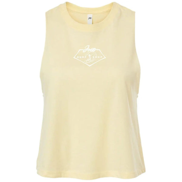 This is the front of the yellow Joe's Surf Shop Surfing 101 Racerback Crop Tee.