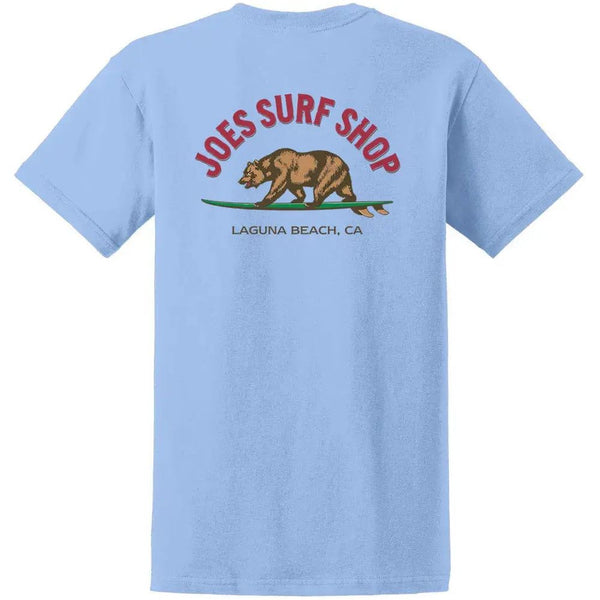 This is the back of the light blue Joe's Surf Shop Surfing Bear Heavyweight Cotton Tee.