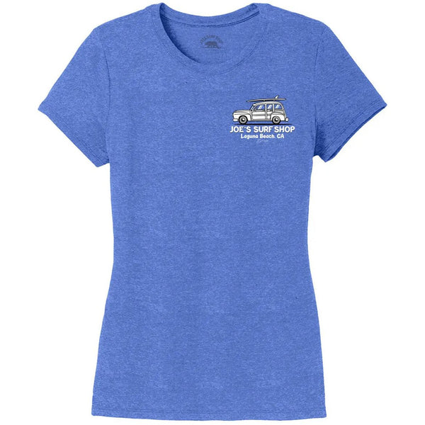 This is the front of the blue Joe's Surf Shop Women's South County Tri-Blend Tee.