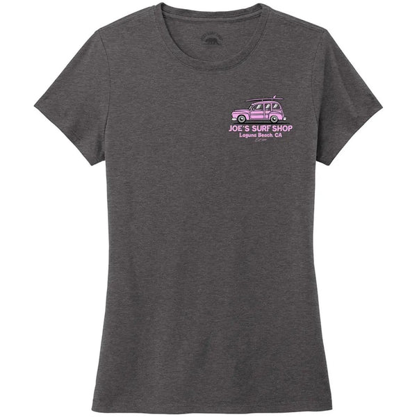This is the front of the charcoal Joe's Surf Shop Women's South County Tri-Blend Tee.