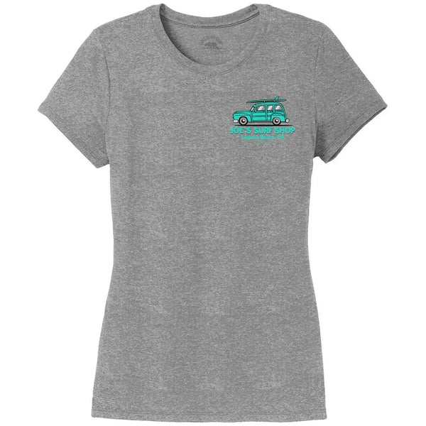 This is the front of the grey Joe's Surf Shop Women's South County Tri-Blend Tee.