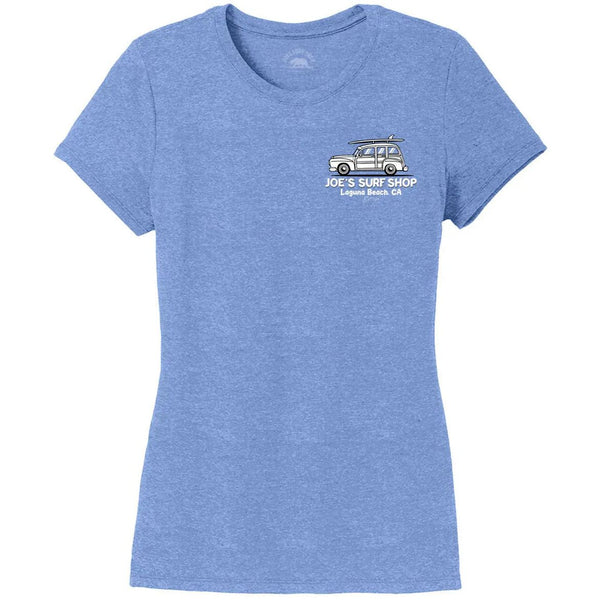 This is the front of the light blue Joe's Surf Shop Women's South County Tri-Blend Tee.