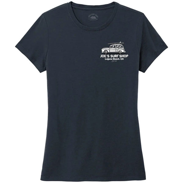 This is the front of the navy Joe's Surf Shop Women's South County Tri-Blend Tee.
