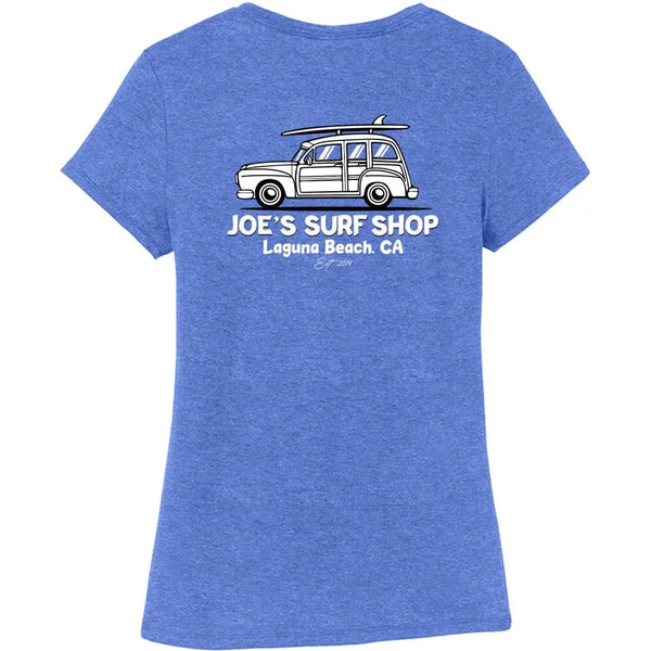 This is the blue Joe's Surf Shop Women's South County Tri-Blend Tee.