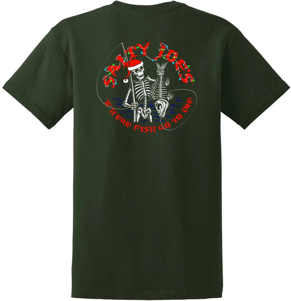 This is the back of the dark green christmas fishing t shirt.