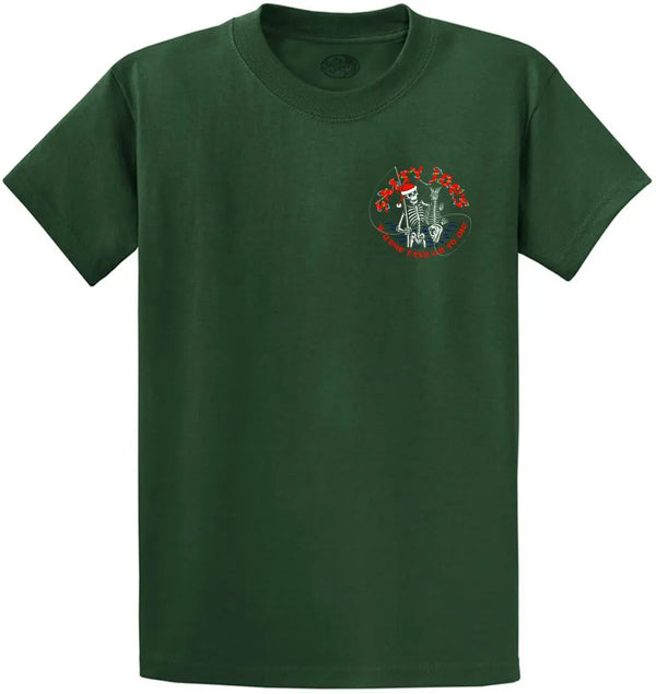 This is the front of the dark green christmas fishing t shirt.