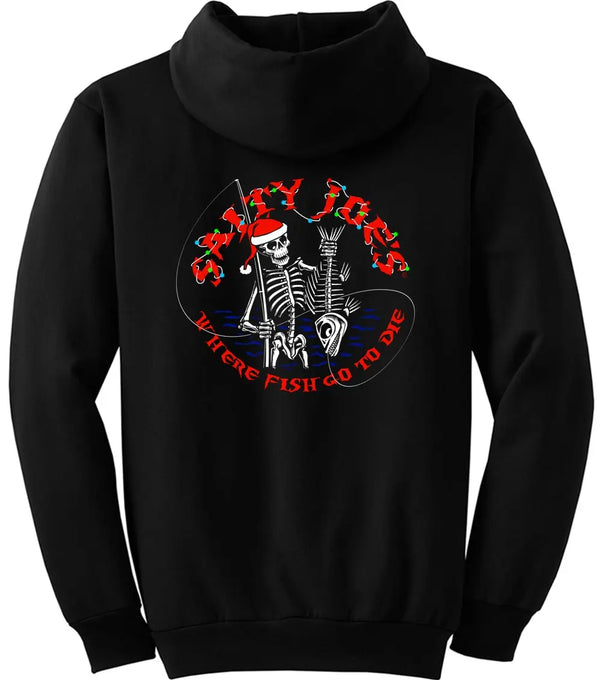 This is the back of the black Salty Joe's Christmas Dinner Pullover Hoodie.