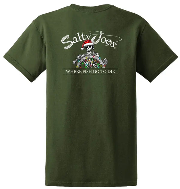 This is the back of the dark green Salty Joe's Christmas Heavyweight Cotton Tee.