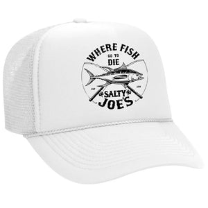 This is the white Salty Joe's Dana Logo Foam Trucker Hat.