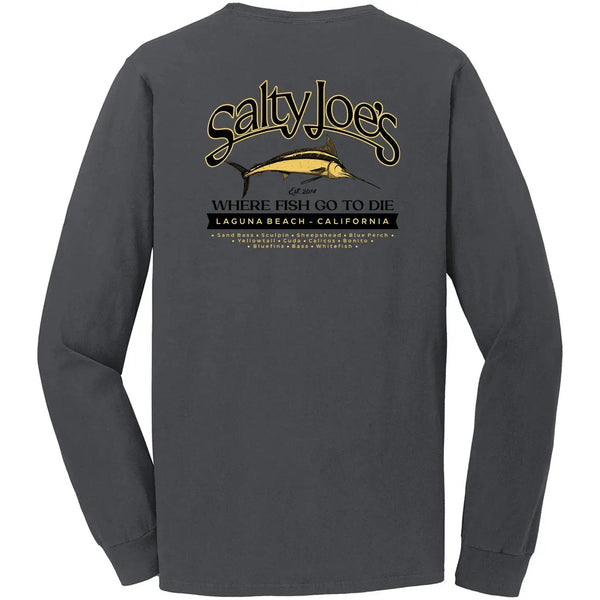 This is the back of the dark grey Salty Joe's Fish Count Beach Wash® Garment Dyed Long Sleeve Tee.