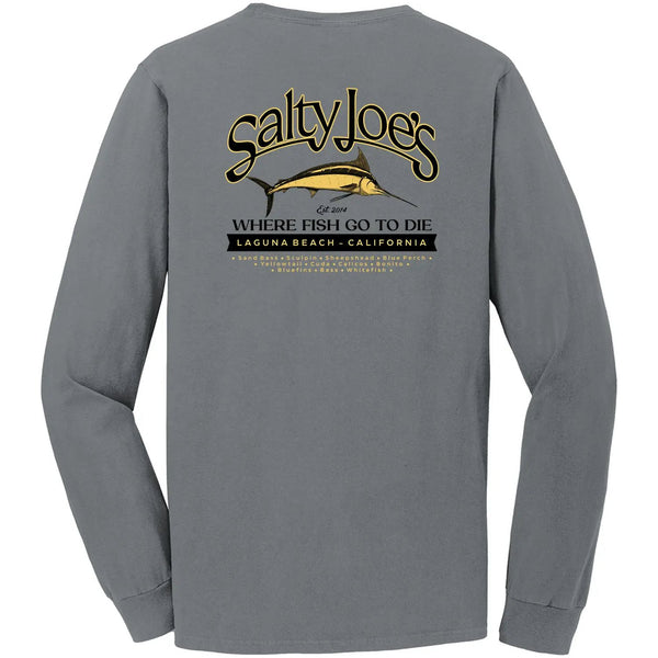 This is the back of the light grey Salty Joe's Fish Count Beach Wash® Garment Dyed Long Sleeve Tee.