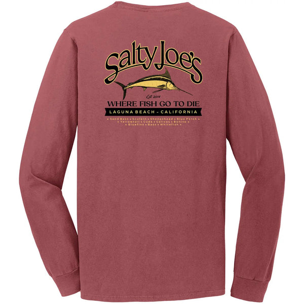 This is the back of the red rock Salty Joe's Fish Count Beach Wash® Garment Dyed Long Sleeve Tee.