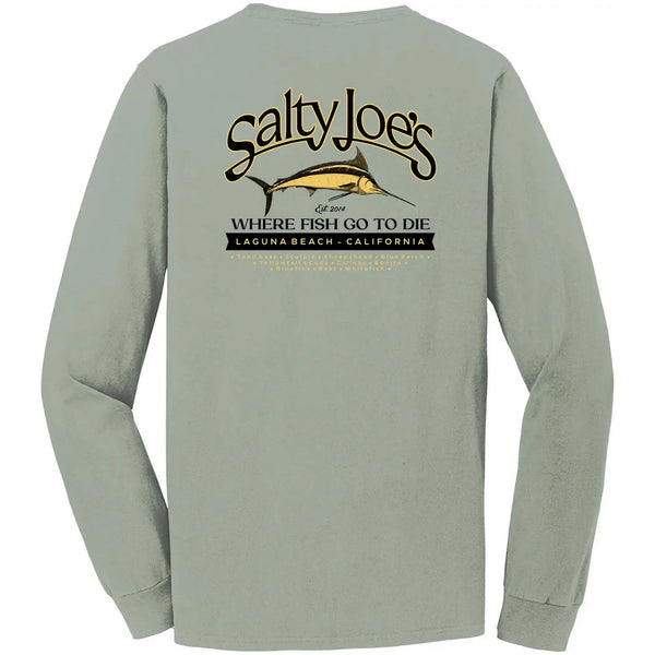 This is the back of the sea green Salty Joe's Fish Count Beach Wash® Garment Dyed Long Sleeve Tee.