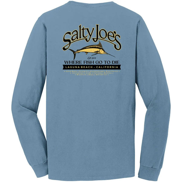 This is the back of the slate blue Salty Joe's Fish Count Beach Wash® Garment Dyed Long Sleeve Tee.