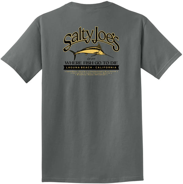 This is the coal Salty Joe's Fish Count Logo Beach Wash® Garment Dyed Tee.