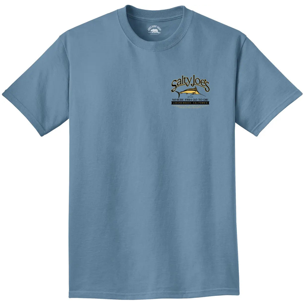 This is the front of the mist Salty Joe's Fish Count Logo Beach Wash® Garment Dyed Tee.