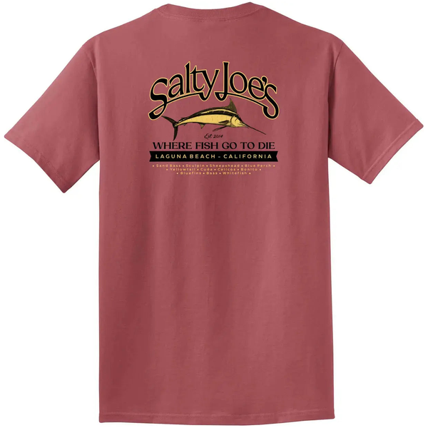 This is the red rock Salty Joe's Fish Count Logo Beach Wash® Garment Dyed Tee.