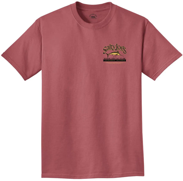 This is the front of the red rock Salty Joe's Fish Count Logo Beach Wash® Garment Dyed Tee.