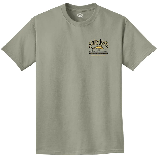 This is the front of the walnut Salty Joe's Fish Count Logo Beach Wash® Garment Dyed Tee.