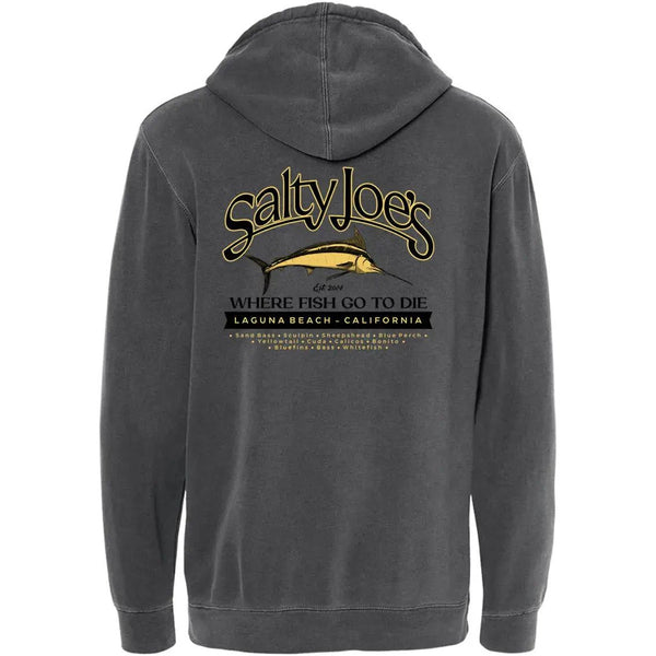 This is the back of the black Salty Joe's Fish Count Pigment-Dyed Hoodie.