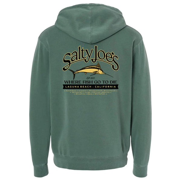 This is the back of the green Salty Joe's Fish Count Pigment-Dyed Hoodie.