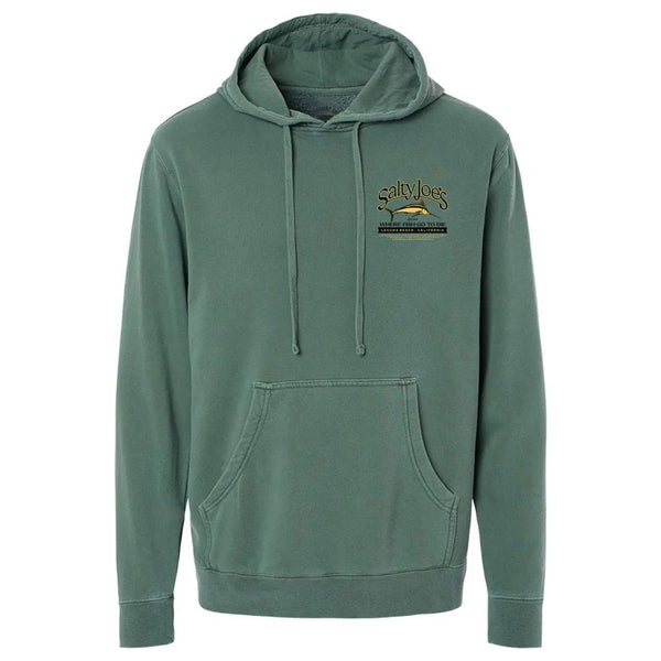 This is the green Salty Joe's Fish Count Pigment-Dyed Hoodie.