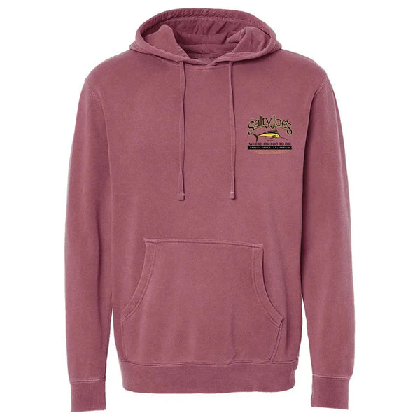 This is the maroon Salty Joe's Fish Count Pigment-Dyed Hoodie.