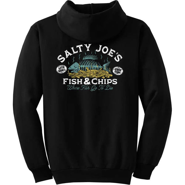 This is the black Salty Joe's Fish N' Chips Pullover Hoodie.