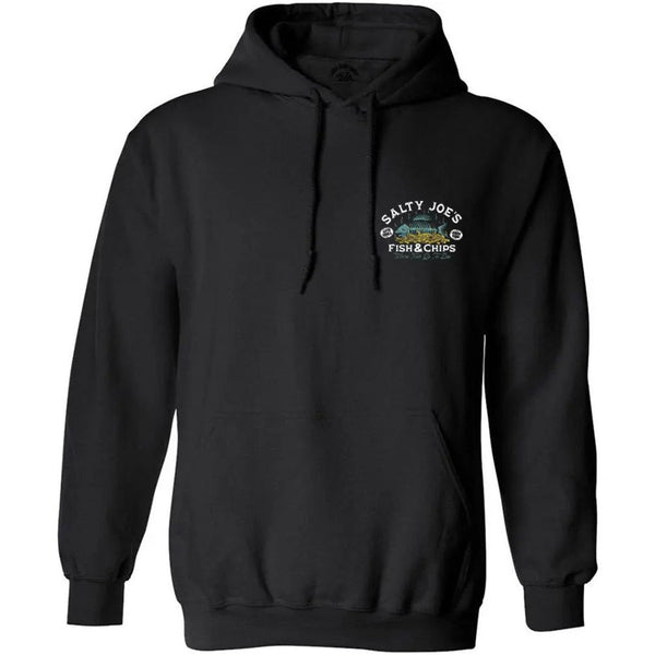 This is the front of the black Salty Joe's Fish N' Chips Pullover Hoodie.