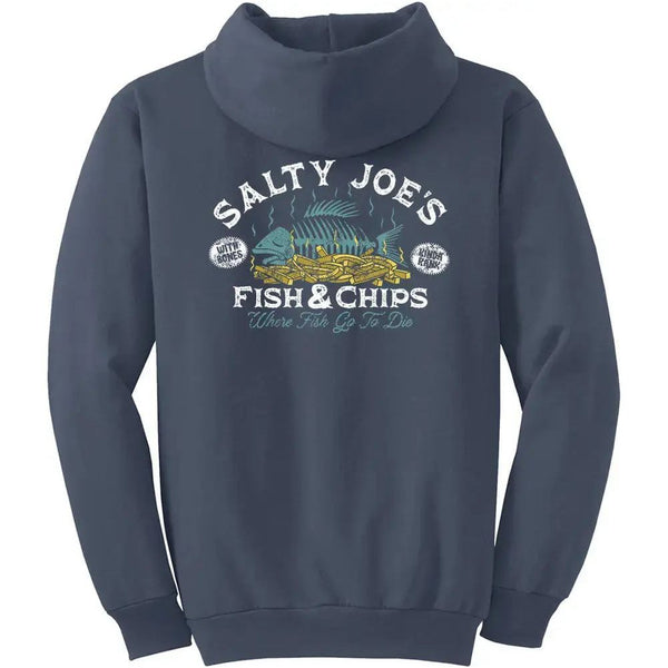 This is the steel blue Salty Joe's Fish N' Chips Pullover Hoodie.
