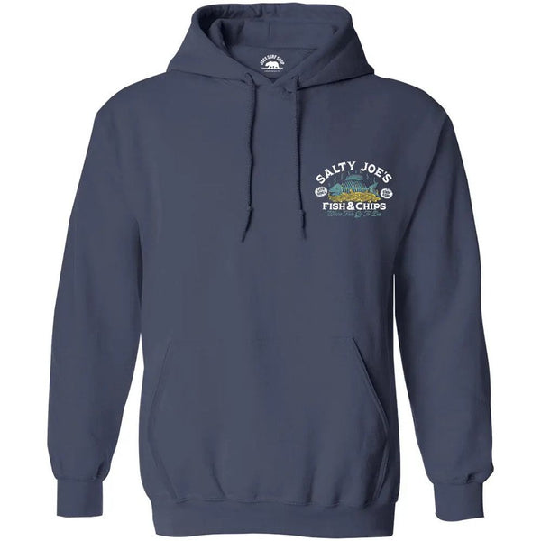 This is the front of the steel blue Salty Joe's Fish N' Chips Pullover Hoodie.
