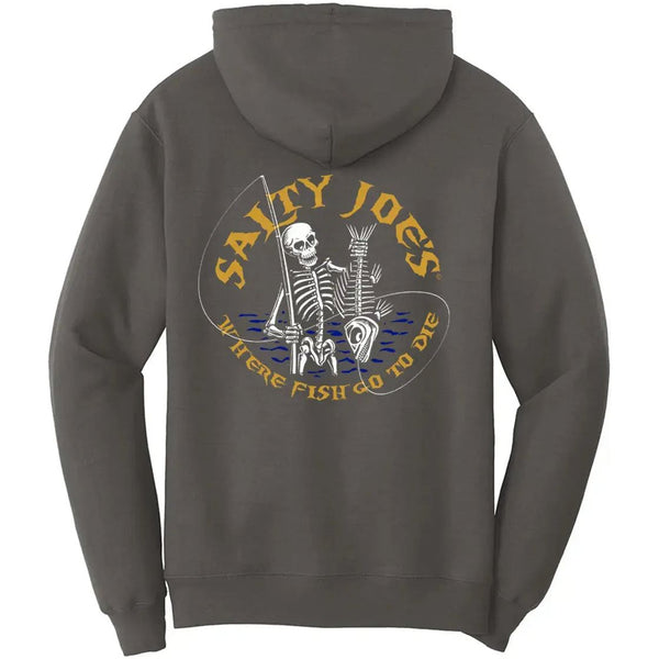 This is the back of the charcoal Salty Joe's Fishin' Bones Pullover Hoodie.