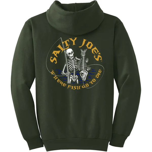 This is the back of the olive Salty Joe's Fishin' Bones Pullover Hoodie.