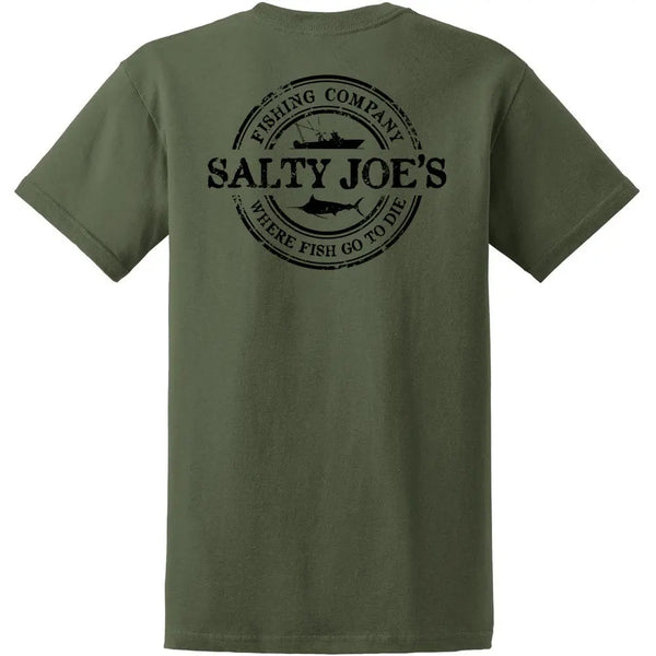 This is the back of the olive Salty Joe's Fishing Co. Heavyweight Cotton Tee.