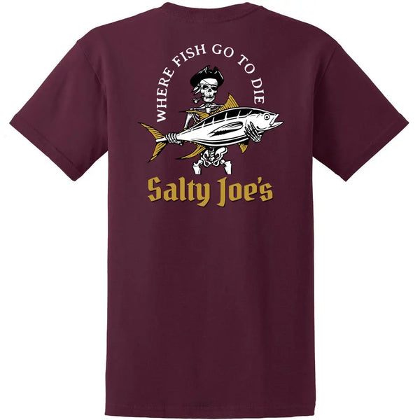 This is the back of the maroon Salty Joe's Ol' Angler Heavyweight Cotton Tee.