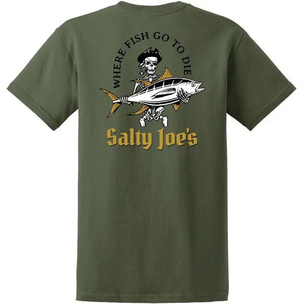 This is the back of the olive Salty Joe's Ol' Angler Heavyweight Cotton Tee.