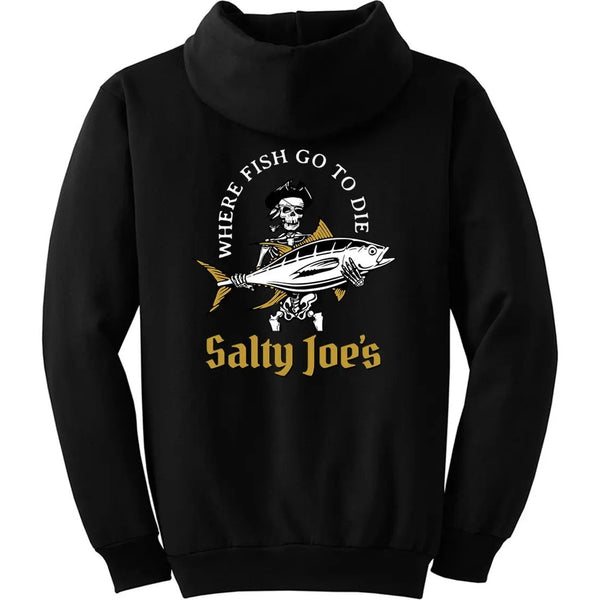 This is the back of the black Salty Joe's Ol' Angler Pullover Hoodie.