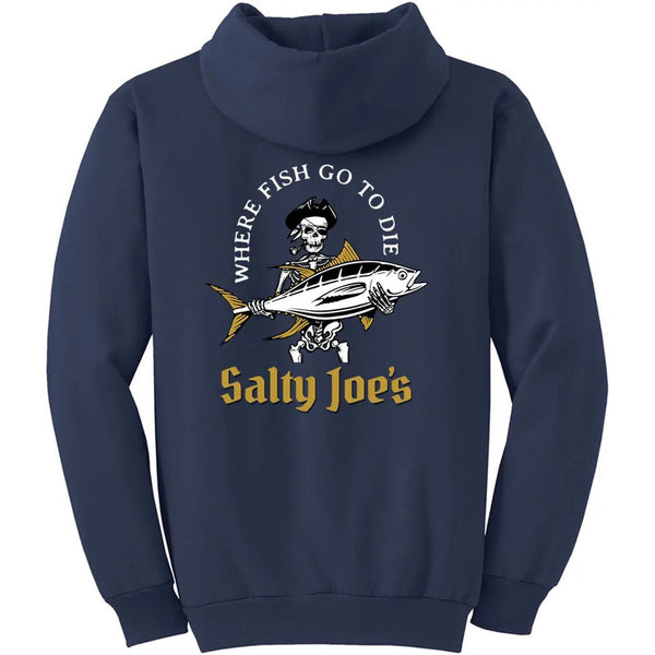 This is the back of the navy Salty Joe's Ol' Angler Pullover Hoodie.