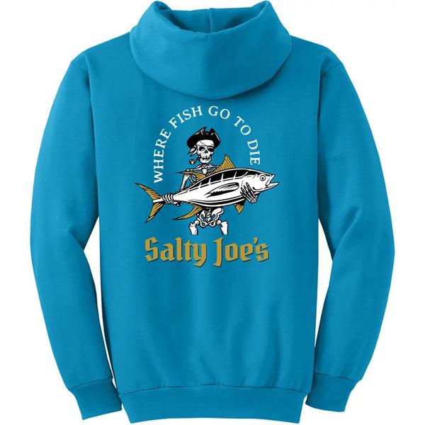 This is the back of the neon blue Salty Joe's Ol' Angler Pullover Hoodie.