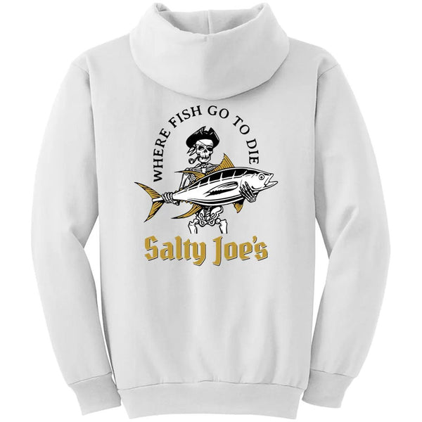 This is the back of the white Salty Joe's Ol' Angler Pullover Hoodie.