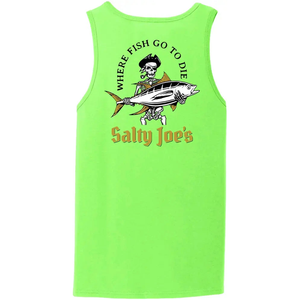 This is the back of the lime Salty Joe's Ol' Angler Tank Top.