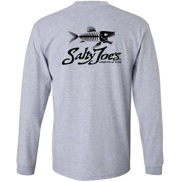 This is the back of the athletic heather Salty Joe's Skeleton Fish Long Sleeve Tee.