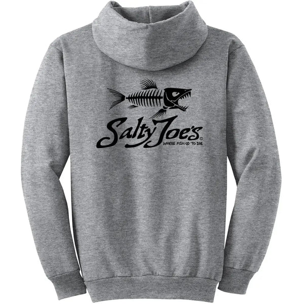 This is the back of the athletic heather Salty Joe's Skeleton Fish Pullover Hoodie.