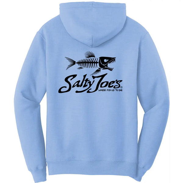 This is the back of the light blue Salty Joe's Skeleton Fish Pullover Hoodie.
