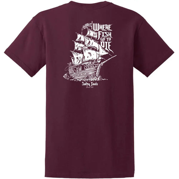This is the back of the maroon Salty Joe's Skeleton Ship Heavyweight Cotton Tee.