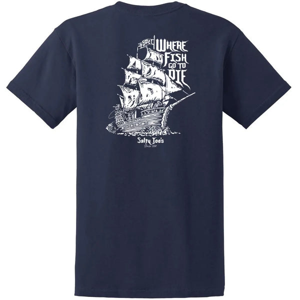 This is the back of the navy Salty Joe's Skeleton Ship Heavyweight Cotton Tee.