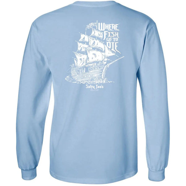 This is the back of the light blue Salty Joe's Skeleton Ship Long Sleeve Tee.