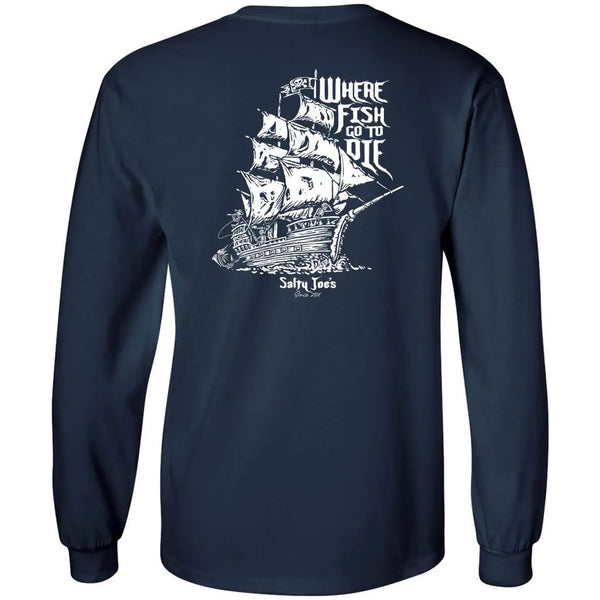 This is the back of the navy Salty Joe's Skeleton Ship Long Sleeve Tee.